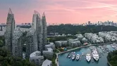 View across Singapore skyline at sunset